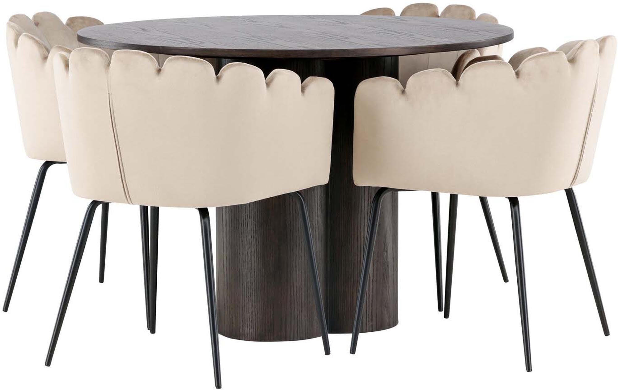 Modernes Olivia Esszimmer Set mit rundem Limhamn Tisch, 4 Stühle.