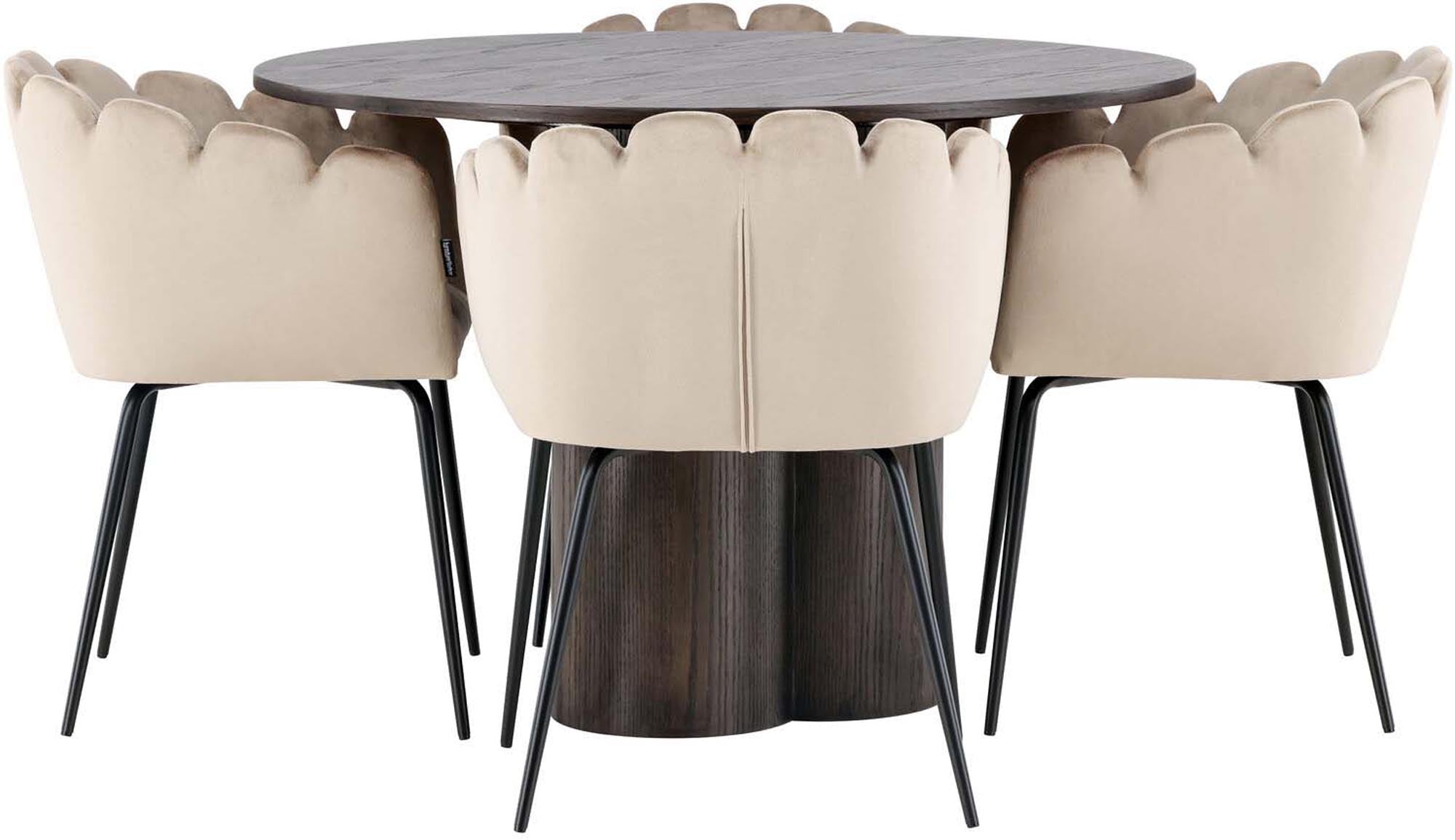 Stilvolles Olivia Esszimmer Set mit runden 110 cm Tisch und 4 bequemen Limhamn Stühlen aus edlem Samt für einladende Essbereiche.