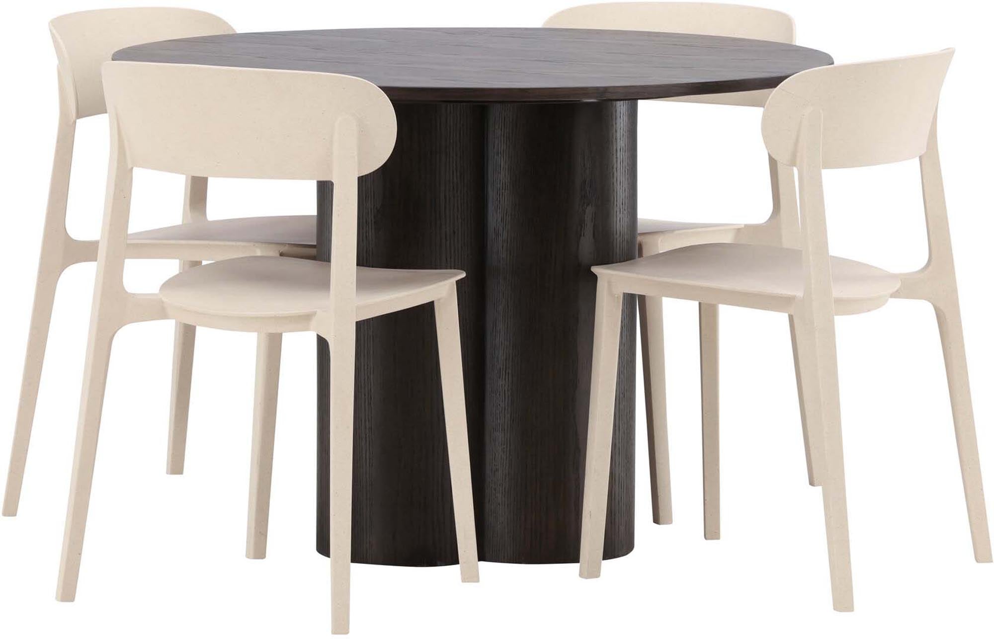 Elegantes Olivia Esszimmer Set mit 110 cm runden Tisch und 4 komfortablen Åstol Stühlen. Ideal für stilvolle Esszimmer und gesellige Zusammenkünfte.