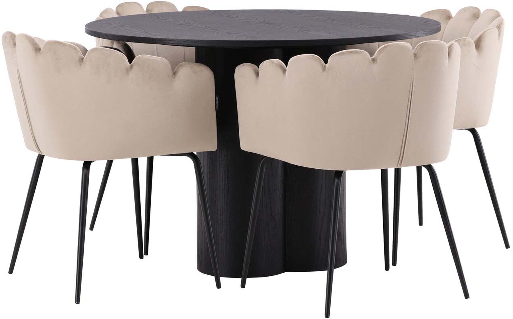 Elegantes Olivia Esszimmer Set mit Limhamn Tisch, ideal für stilvolle Essbereiche. Bequeme Samtstühle und skandinavisches Design.