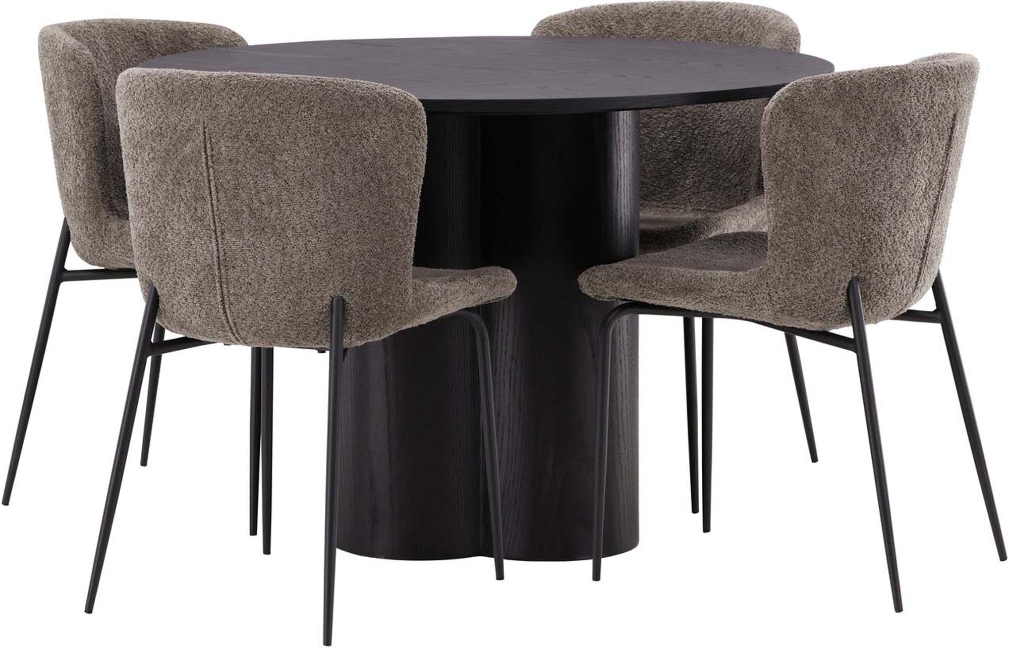 Stilvolles Esszimmer Set mit 110 cm Tisch aus pflegeleichtem MDF und 4 modernen Stühlen der Montros-Serie für einladende Essmomente.