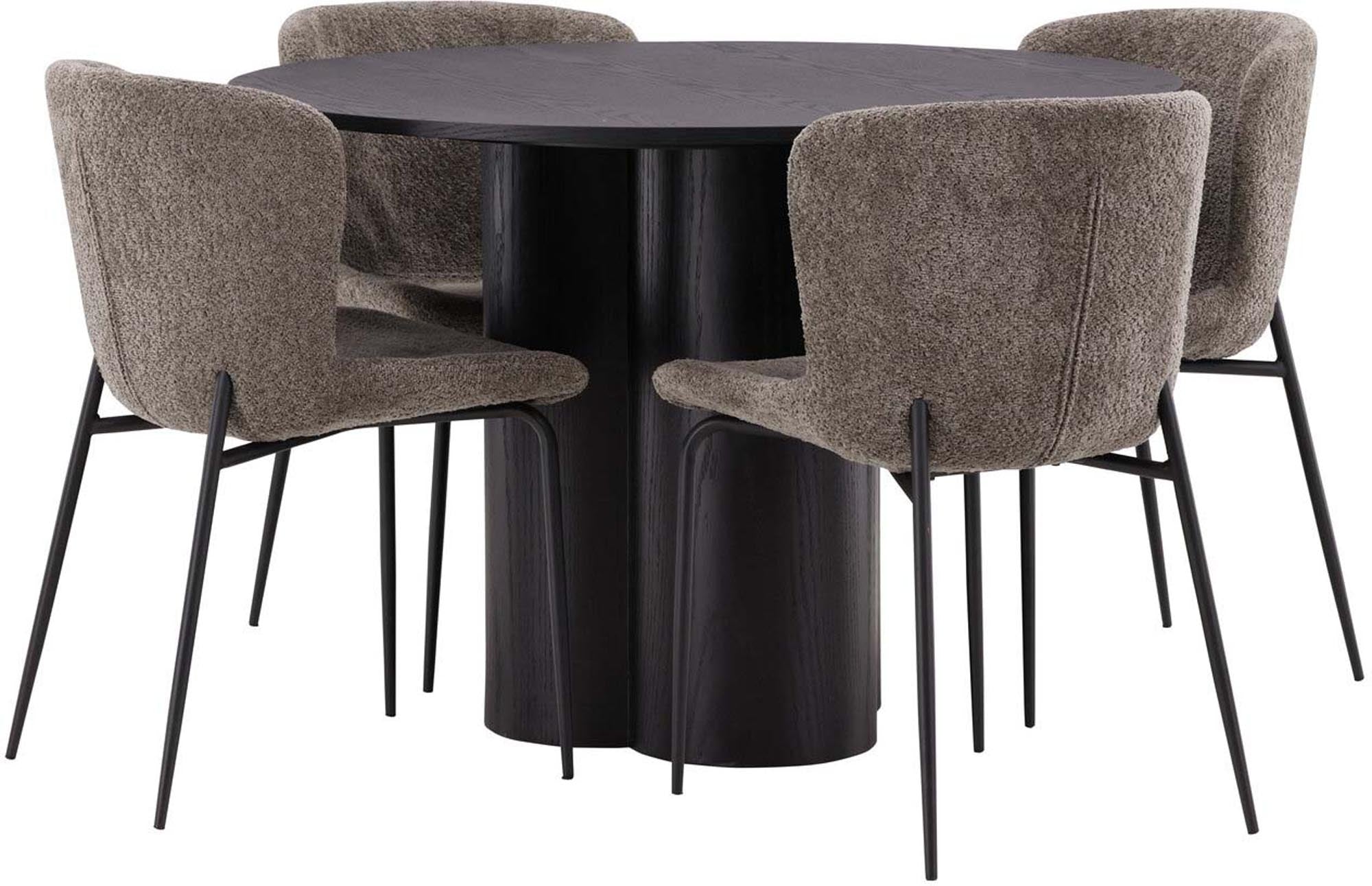 Elegantes Esszimmer Set mit runder Tischplatte aus schwarzem MDF und 4 komfortablen Stühlen der Montros-Serie für gesellige Runden.
