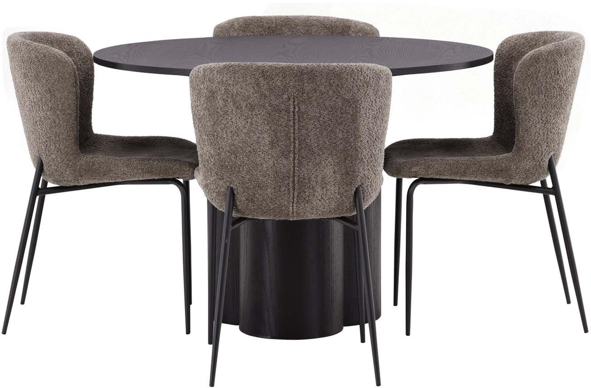 Stilvolles Esszimmer Set mit 110 cm Tisch aus pflegeleichtem MDF und 4 modernen Stühlen der Montros-Serie für einladende Essmomente.