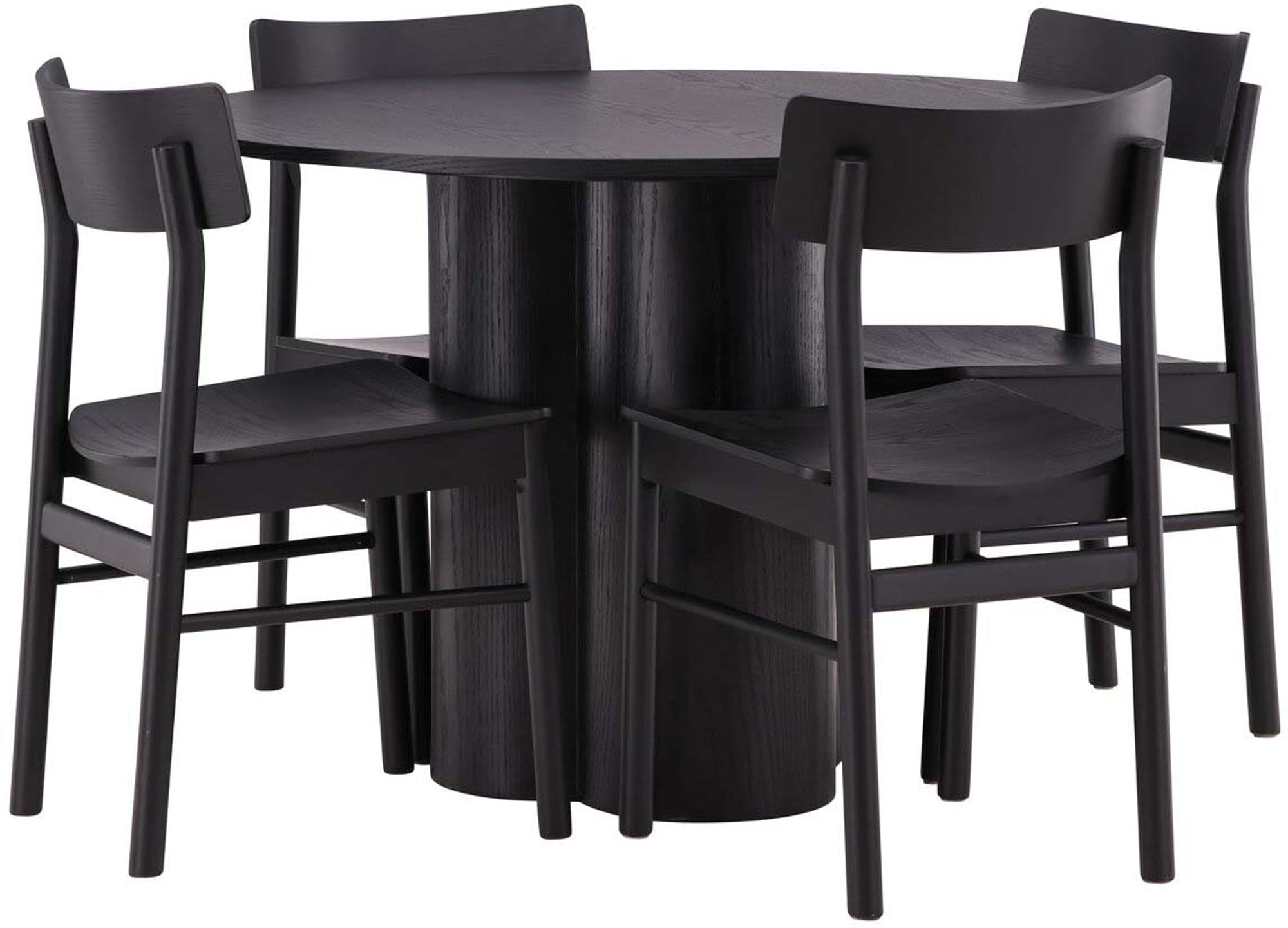 Stilvolles Olivia Esszimmer Set mit runden Montros Tisch (⌀110cm) und 4 robusten Stühlen. Perfekt für gesellige Runden und elegantes Ambiente.