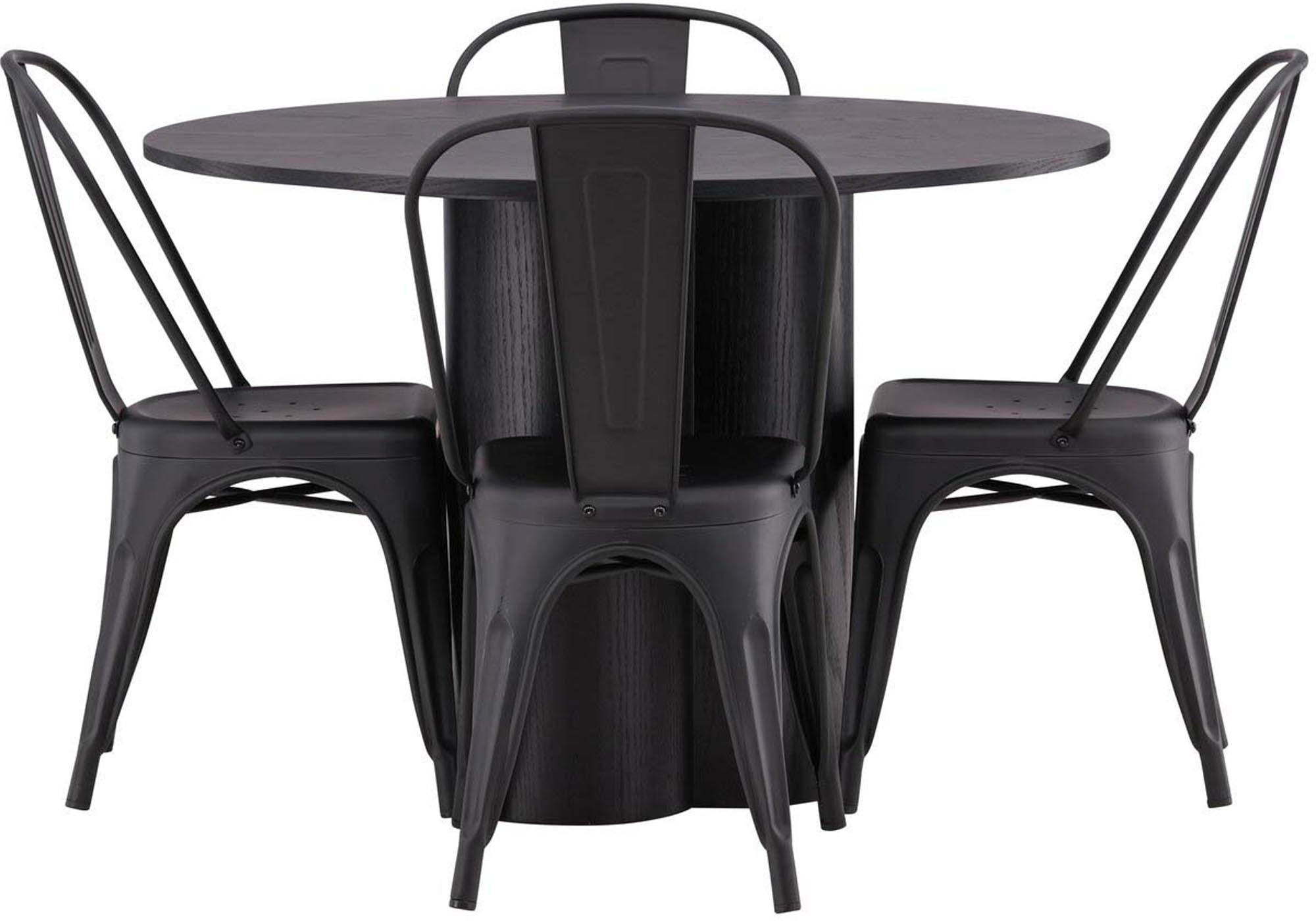 Modernes Olivia Esszimmer Set: Skandinavischer Tisch mit schwarzem MDF, stabile Stahlbeine, Tempe-Stühle aus Metall und Holz.