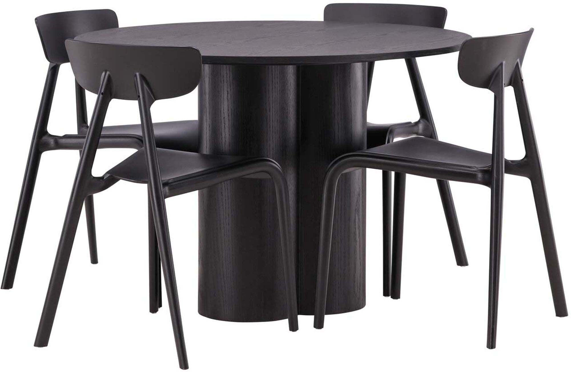Modernes Olivia Esszimmer Set mit runden Ursholmen Tisch ⌀110cm und 4 eleganten Stühlen. Ideal für gemütliche Familienessen und stilvolle Anlässe.