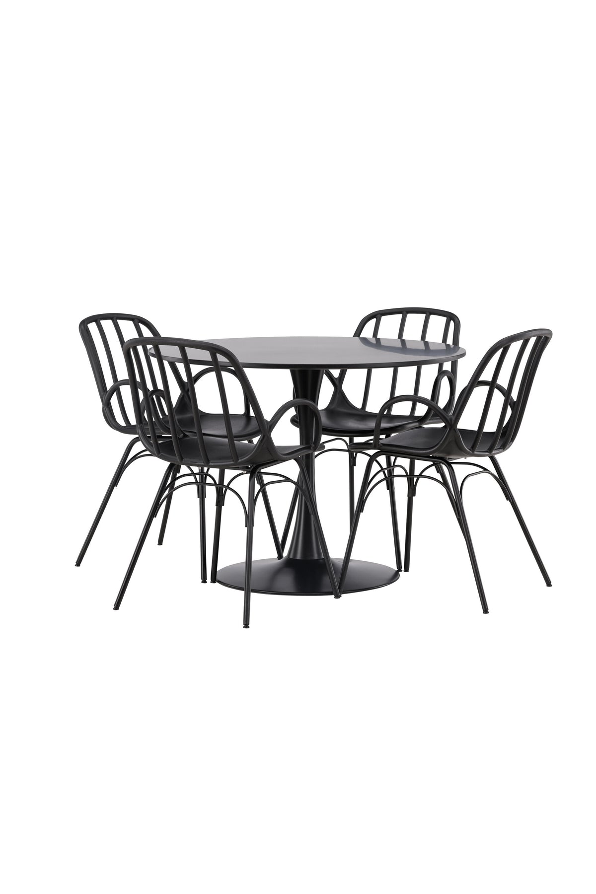 Schwarzes Esszimmerset Glade mit rundem MDF-Tisch und vier Dyrön-Stühlen aus Kunststoff und Stahl, skandinavisches Design.