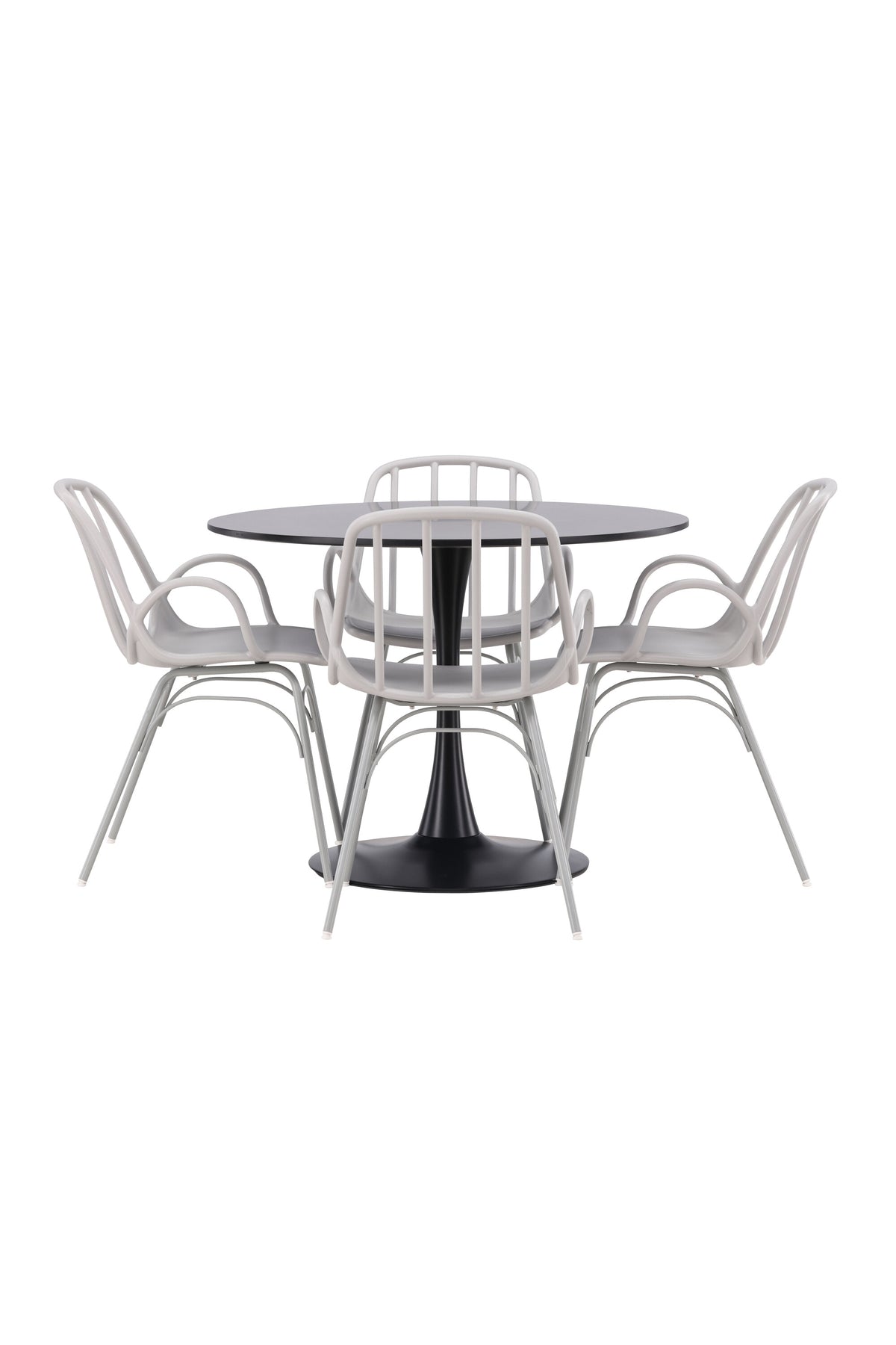 Schwarzes Esszimmerset Glade mit rundem MDF-Tisch und vier Dyrön-Stühlen aus Kunststoff und Stahl, skandinavisches Design.