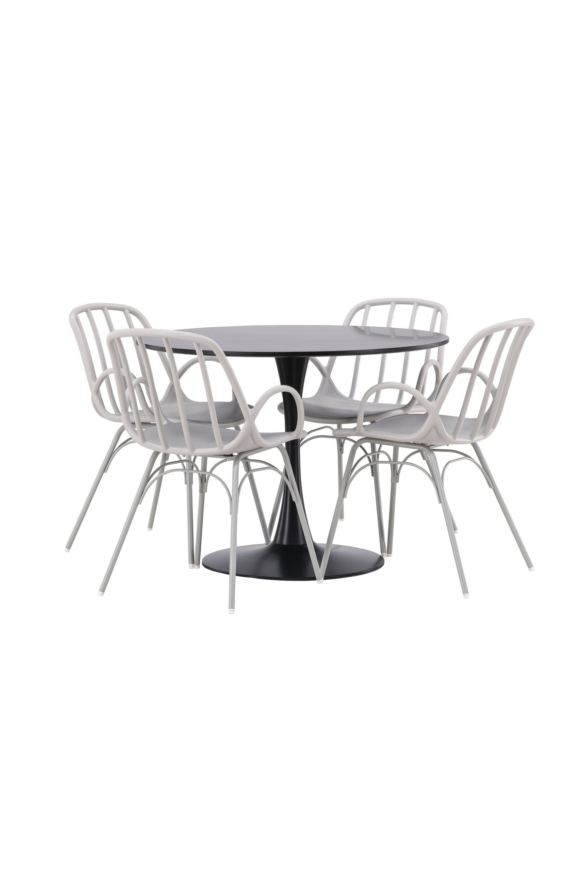 Schwarzes Esszimmerset Glade mit rundem MDF-Tisch und vier Dyrön-Stühlen aus Kunststoff und Stahl, skandinavisches Design.
