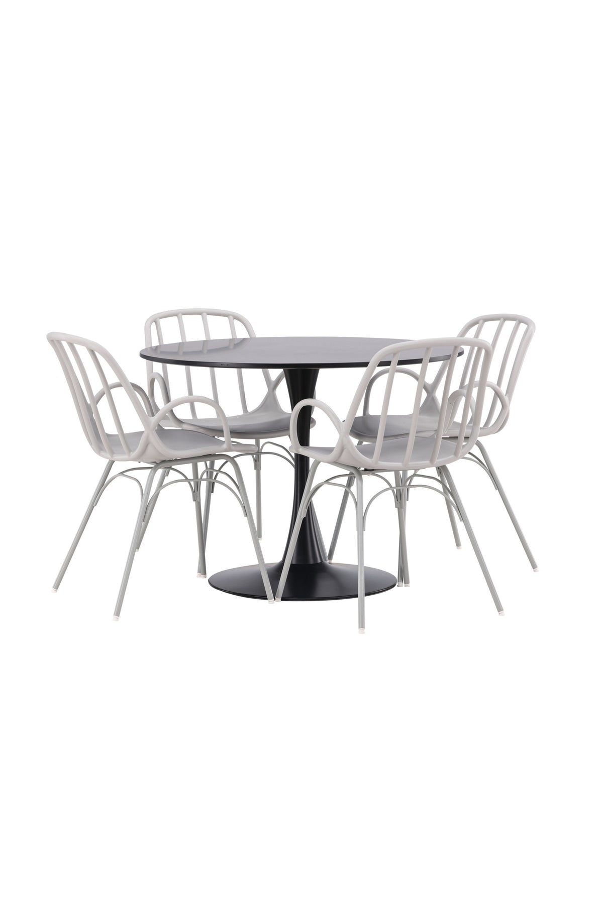 Schwarzes Esszimmerset Glade mit rundem MDF-Tisch und vier Dyrön-Stühlen aus Kunststoff und Stahl, skandinavisches Design.
