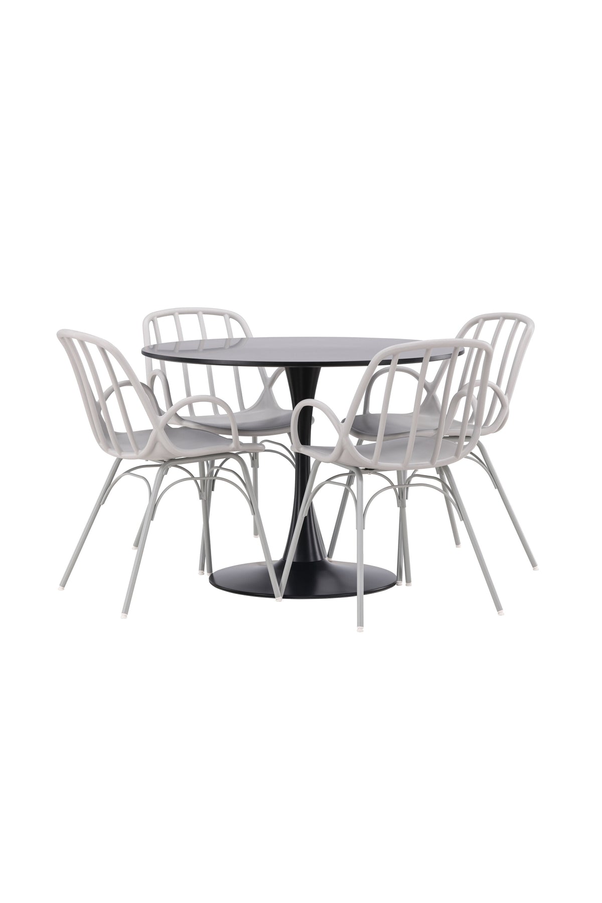 Schwarzes Esszimmerset Glade mit rundem MDF-Tisch und vier Dyrön-Stühlen aus Kunststoff und Stahl, skandinavisches Design.