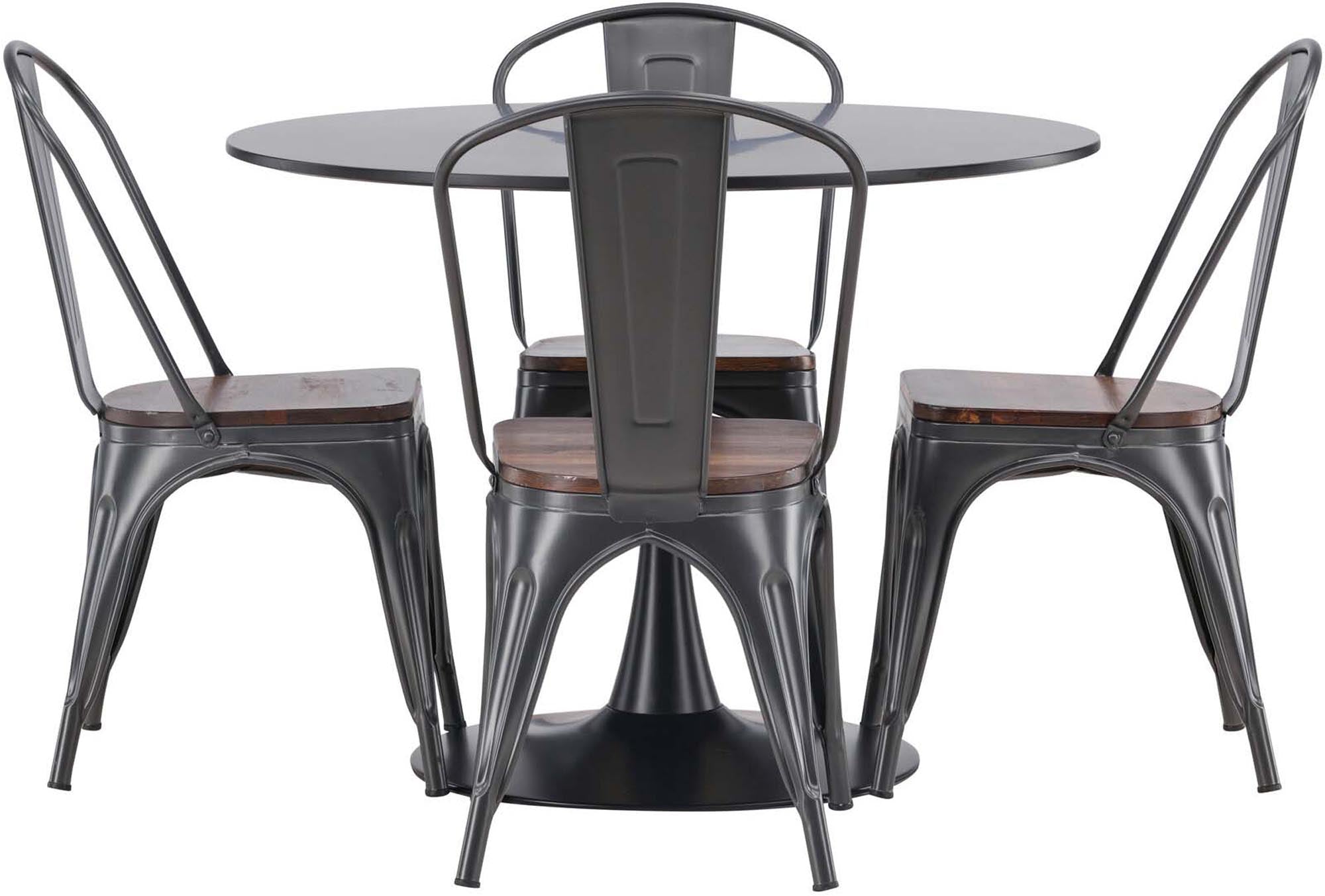 Modernes Esszimmerset mit skandinavischem Design: Schwarzer MDF-Tisch, Stahl-Trompetenfuss, Tempe-Stühle aus Stahl und Holz.