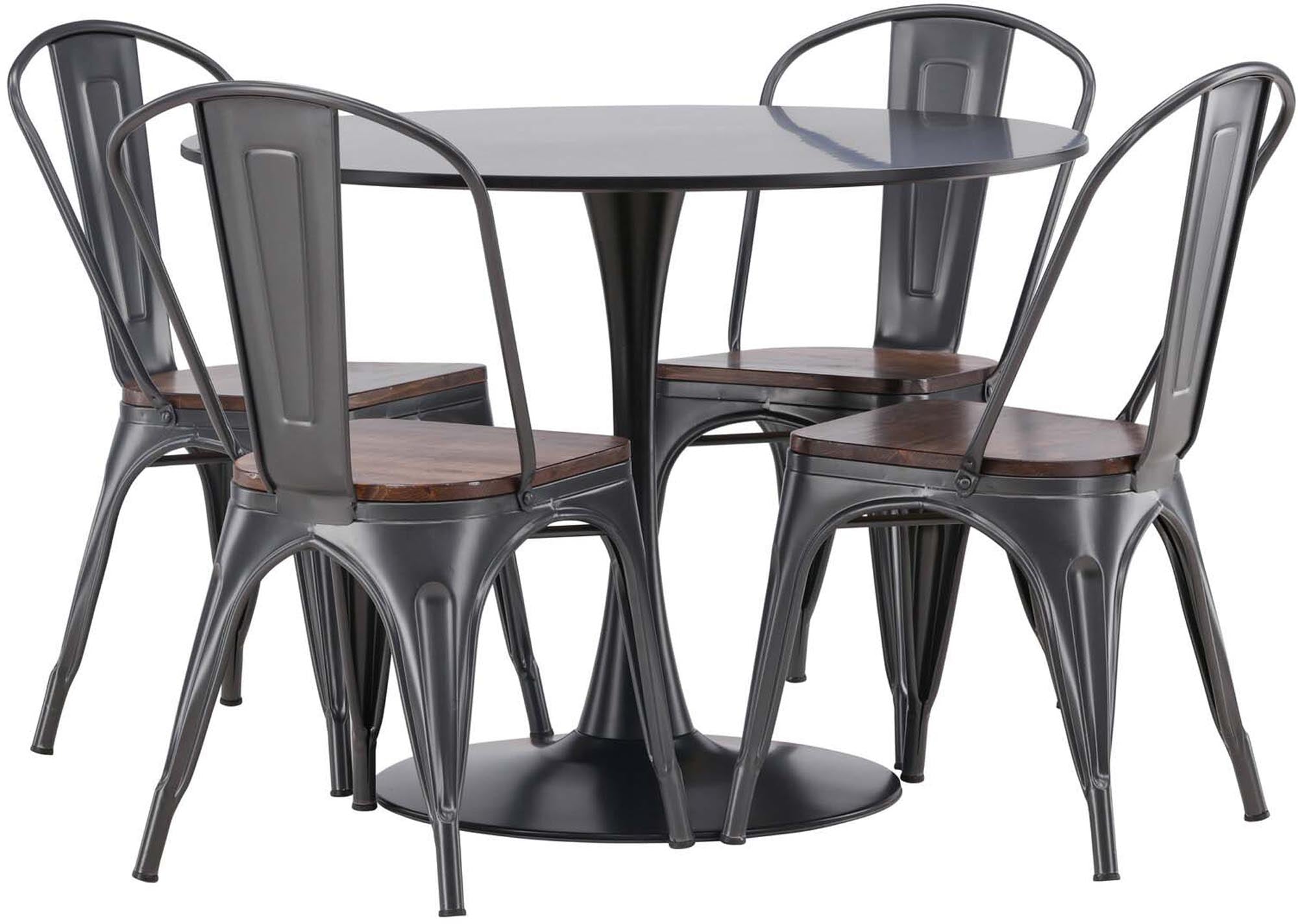 Modernes Esszimmerset mit skandinavischem Design: Schwarzer MDF-Tisch, Stahl-Trompetenfuss, Tempe-Stühle aus Stahl und Holz.