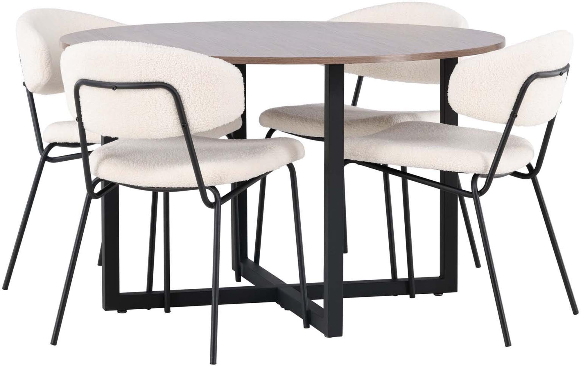 Stilvolles Durango Esszimmerset: Runder Walnusstisch, 4 luxuriöse Bouclé-Stühle, modernes Design, ideal für gesellige Runden.