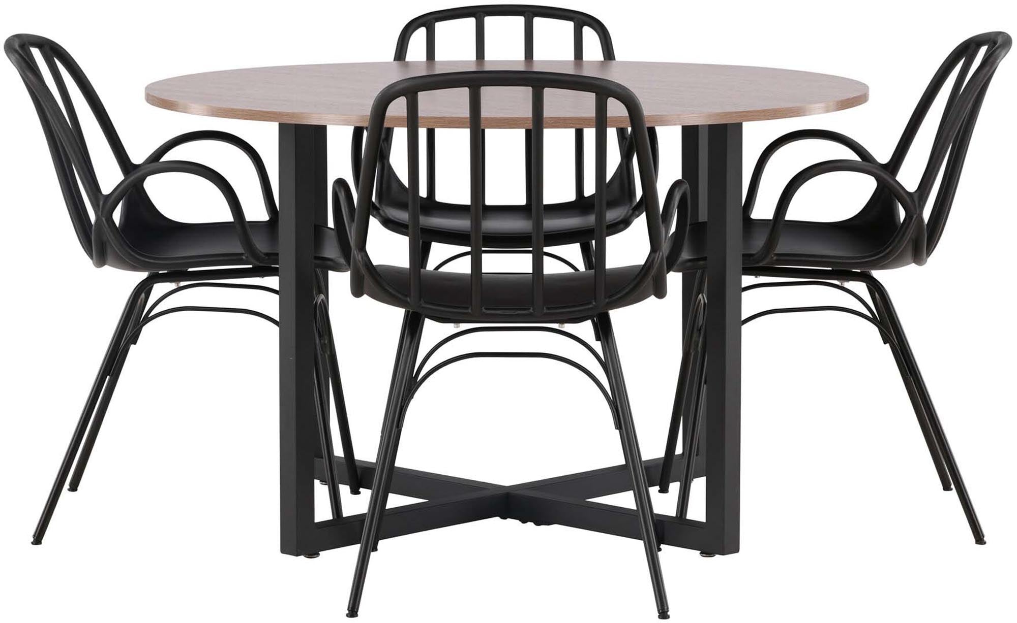 Elegantes Durango Esszimmerset: Walnuss-Tisch, schwarze Stahlbeine, 4 Dyrön Stühle mit Armlehnen, ideal für stilvolle Esszimmer.