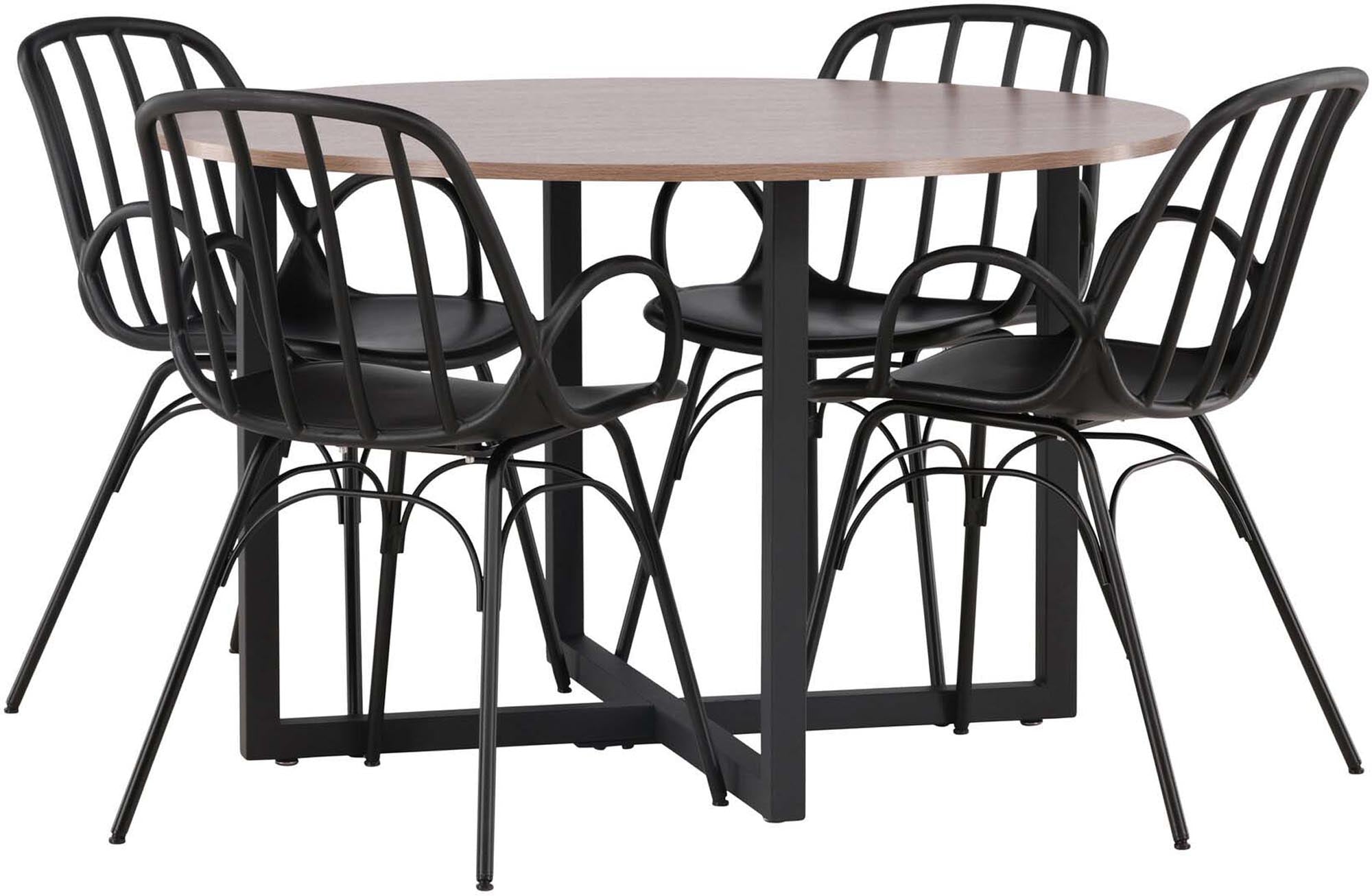 Elegantes Esszimmerset Durango + Dyrön mit runden Tisch (120cm) und 4 komfortablen Stühlen. Ideal für stilvolle Essbereiche.