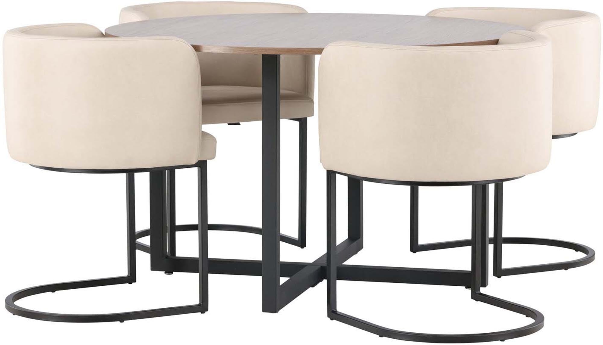 Entdecken Sie das stilvolle Durango Esszimmerset mit Simrishamn: runder Tisch in Walnussoptik, komfortable Stühle und modernes Design für Ihr Zuhause.