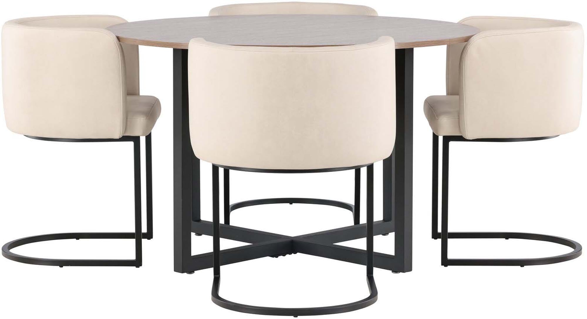 Modernes Esszimmerset mit Walnussoptik, schwarzem Stahl und beigem TC-Stoff. Ideal für kleine Räume, stilvoll und komfortabel.