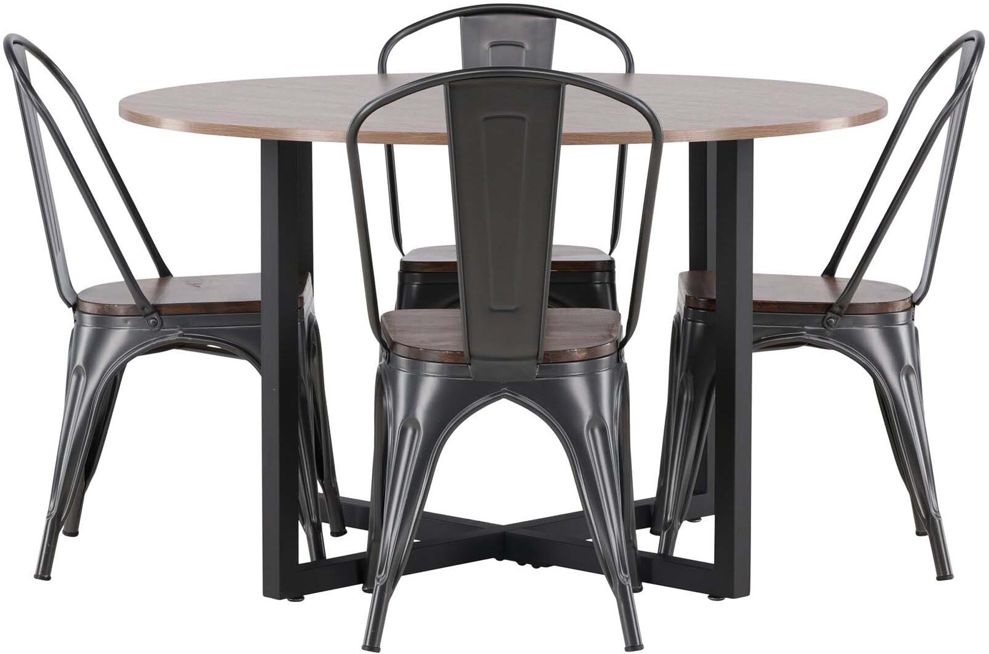 Elegantes Esszimmerset mit Walnuss-MDF-Tisch und Stahlbeinen, ergänzt durch stilvolle Tempe-Stühle für 4 Personen.