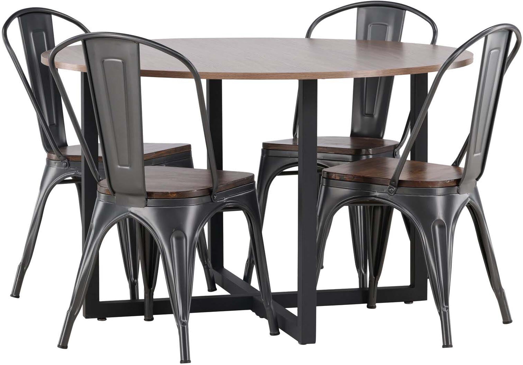 Modernes Esszimmerset Durango + Tempe mit runder Tischplatte und stilvollen Stühlen. Ideal für gemütliche Abendessen und kleine Räume.