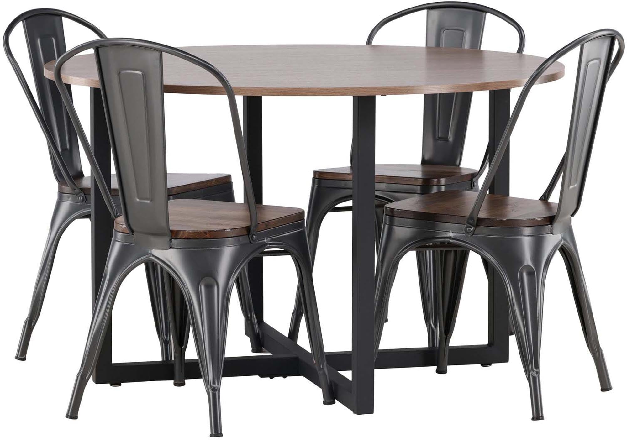 Elegantes Esszimmerset mit Walnuss-MDF-Tisch und Stahlbeinen, ergänzt durch stilvolle Tempe-Stühle für 4 Personen.