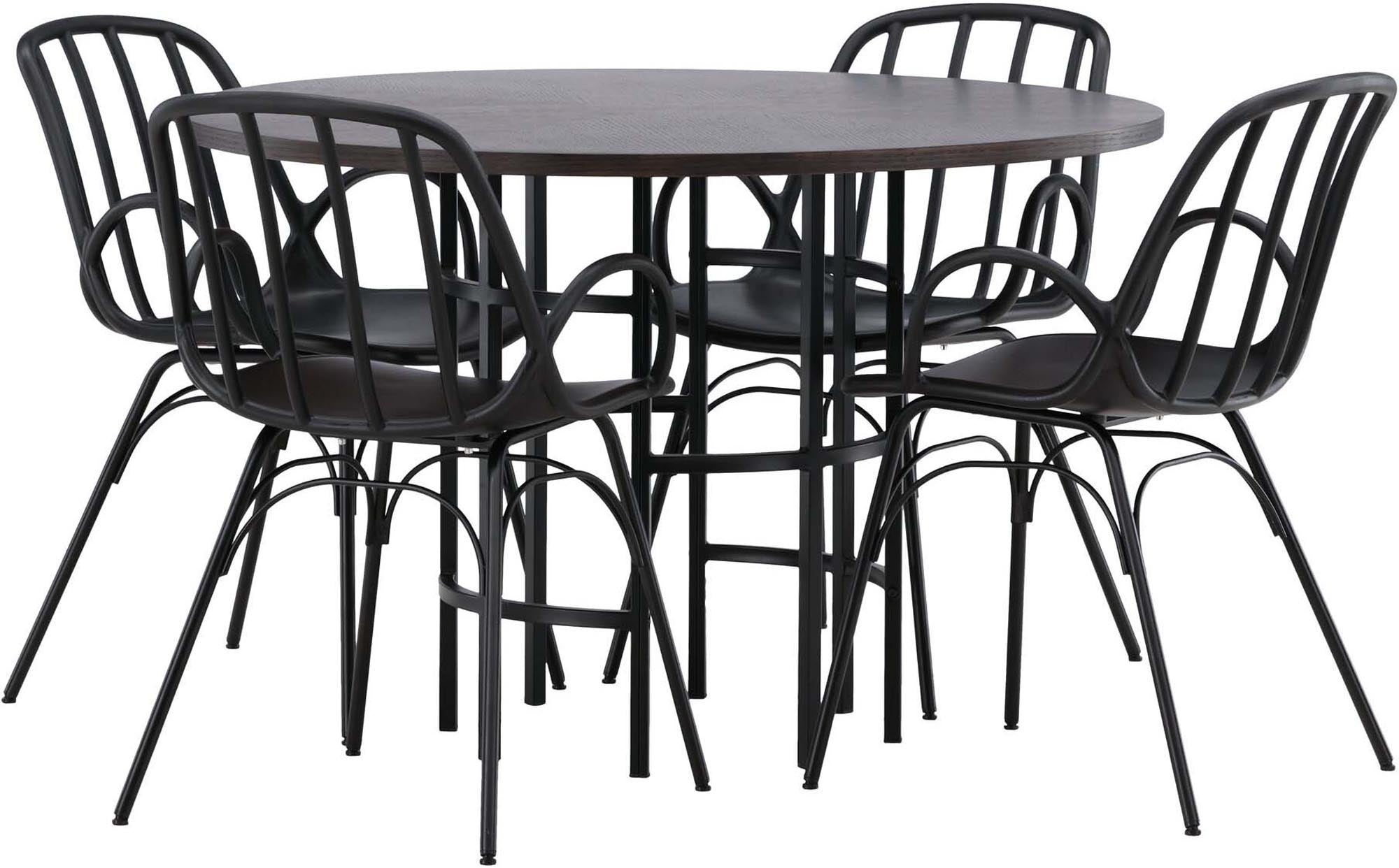 Elegantes Copenhagen Esszimmerset mit runder Tischplatte und 4 bequemen Dyrön Stühlen. Ideal für stilvolle Esszimmer und gesellige Runden.