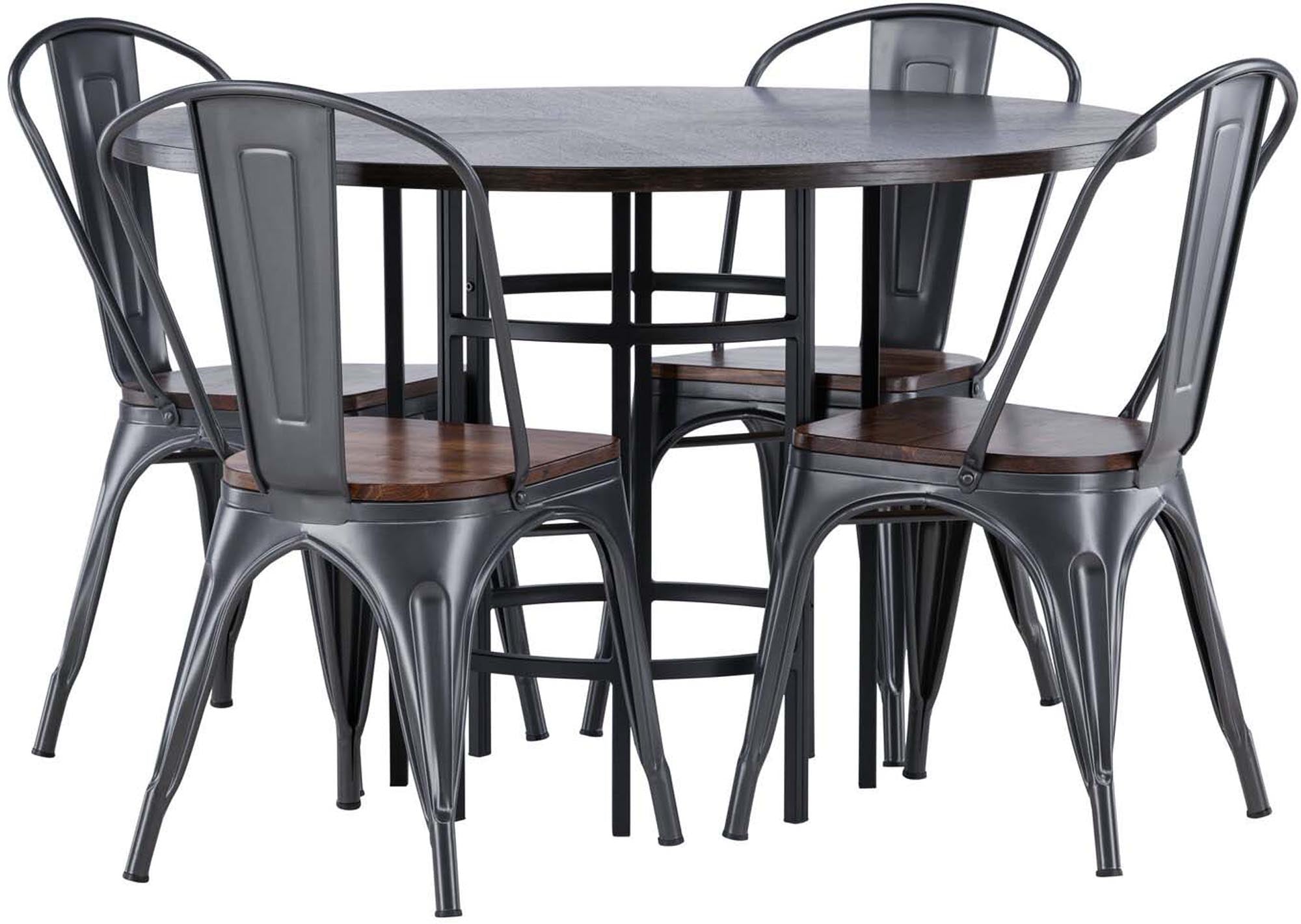 Stilvolles Esszimmerset mit runder Tischplatte und bequemen Stühlen. Perfekt für gemütliche Mahlzeiten und moderne Wohnräume.