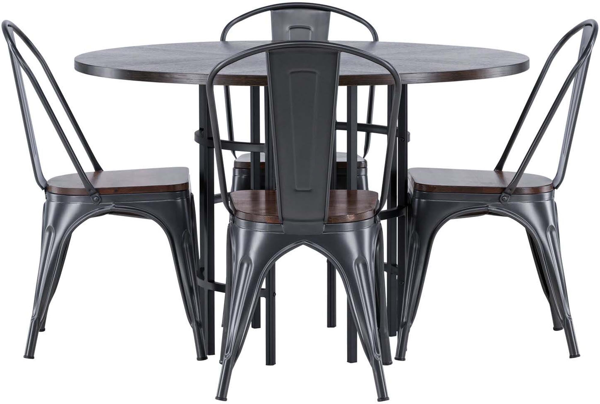 Stilvolles Esszimmerset mit runder Tischplatte und bequemen Stühlen. Perfekt für gemütliche Mahlzeiten und modernes Wohnen.