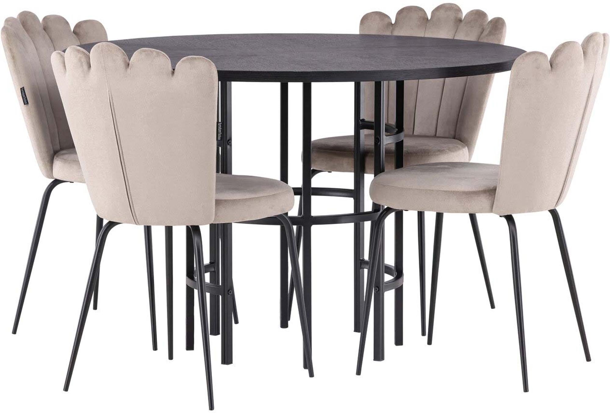 Stilvolles Esszimmerset: Eleganter Tisch mit schwarzer MDF-Platte, bequeme Limhamn-Stühle in beigem Samt, ideal für 4 Personen.