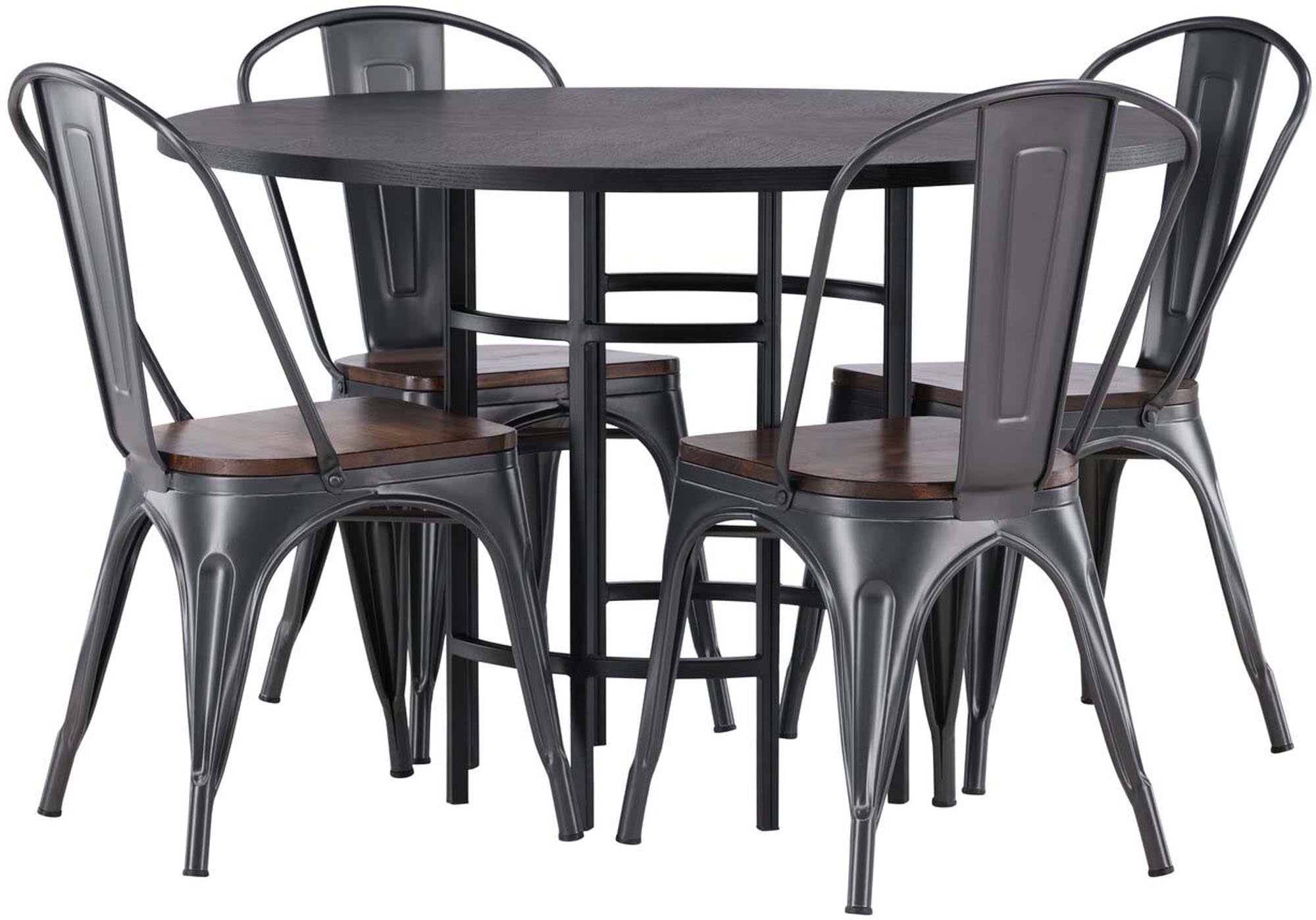Modernes Esszimmerset mit elegantem runden Tisch (⌀115cm) aus MDF und robustem Metall, inklusive 4 komfortablen Stühlen aus Holz und Stahl.