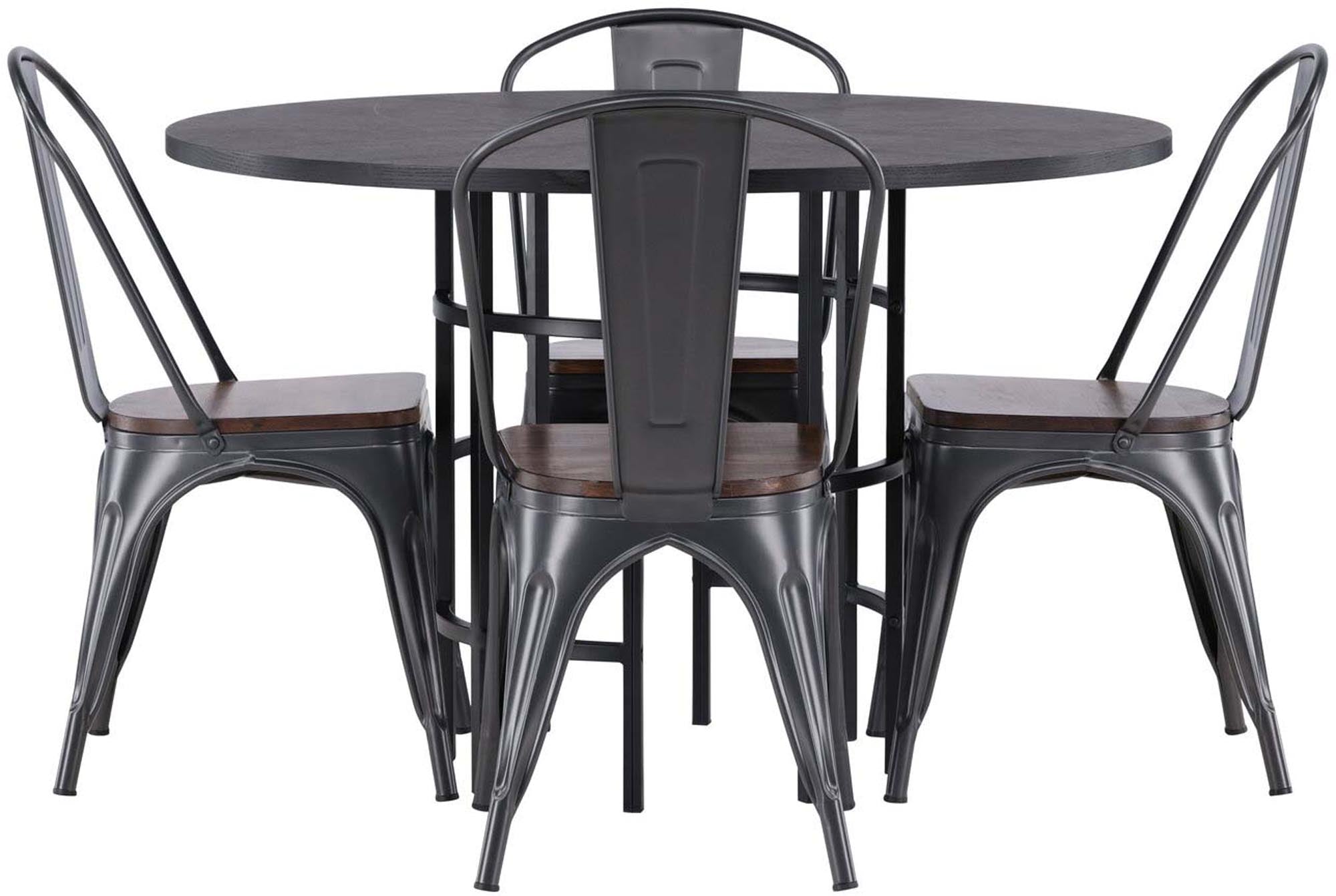 Stilvolles Esszimmerset mit runder Tischplatte (⌀115cm) aus pflegeleichtem MDF und stabilen Metallbeinen, ergänzt durch 4 bequeme Stühle aus Holz und Stahl.