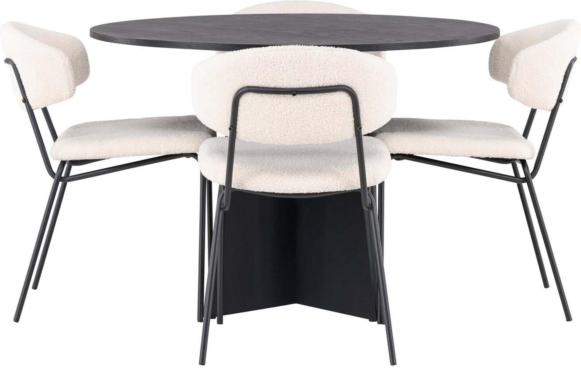 Modernes Bootcut Esszimmerset mit chicem runden Tisch und bequemen Stühlen. Perfekt für gesellige Abende und stilvolle Einrichtung.