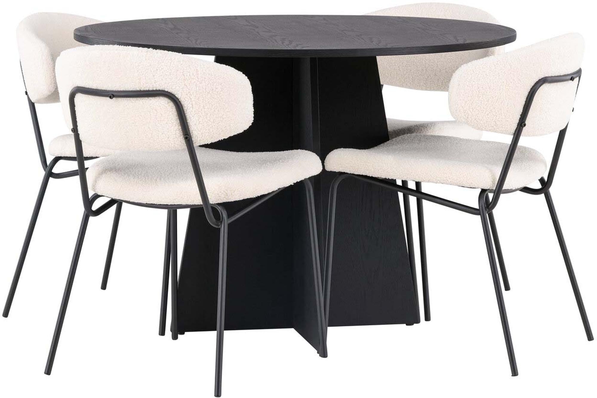 Elegantes Esszimmerset: Runder Tisch (⌀110cm) mit schwarzem MDF-Furnier, 4 weisse Bouclé-Stühle, modernes Design.