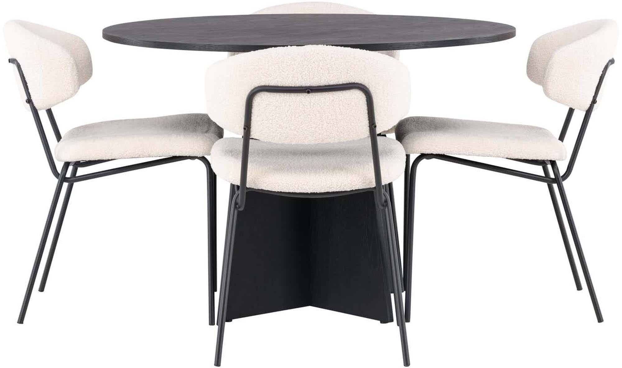 Elegantes Esszimmerset: Runder Tisch (⌀110cm) mit schwarzem MDF-Furnier, 4 weisse Bouclé-Stühle, modernes Design.