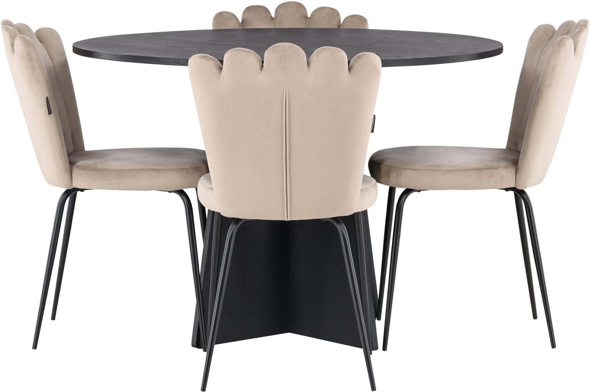 Elegantes Bootcut Esszimmerset mit Limhamn Light: runder Tisch (⌀110cm) und 4 stilvolle Stühle für gesellige Momente und modernes Ambiente.