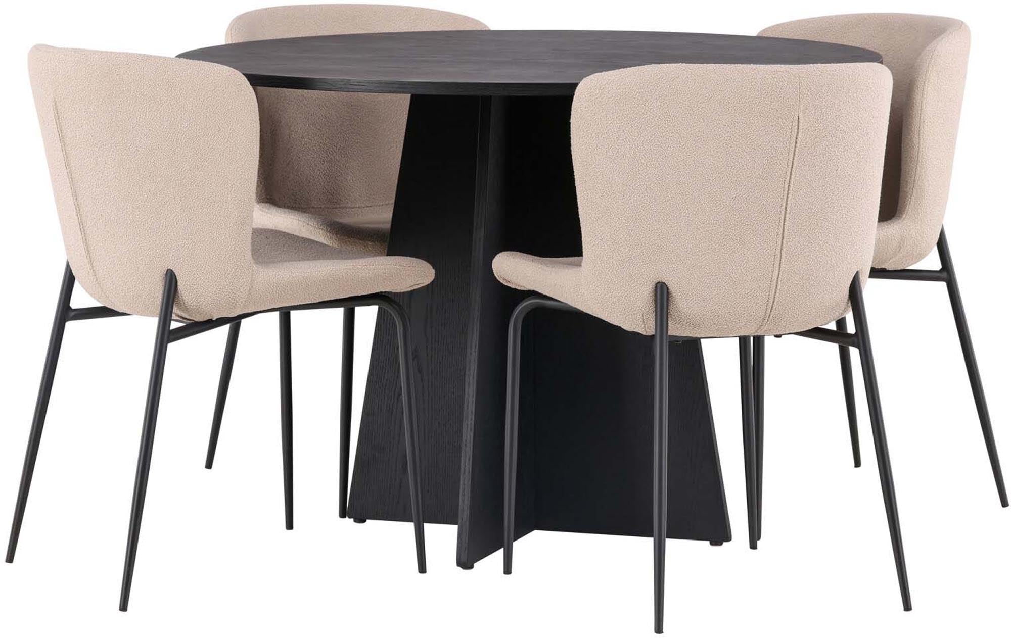 Entdecken Sie das Bootcut Esszimmerset von Venture Home: stilvoller runder Tisch (110 cm) und 4 komfortable Stühle für unvergessliche Essmomente.