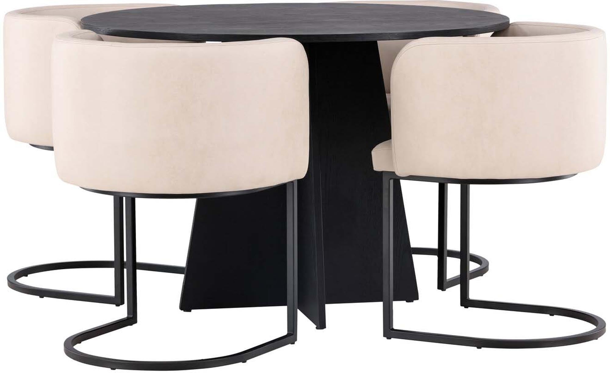 Stilvolles Bootcut Esszimmerset mit runden Tisch und 4 bequemen Simrishamn Stühlen, ideal für gesellige Abende und gemütliche Familienessen.