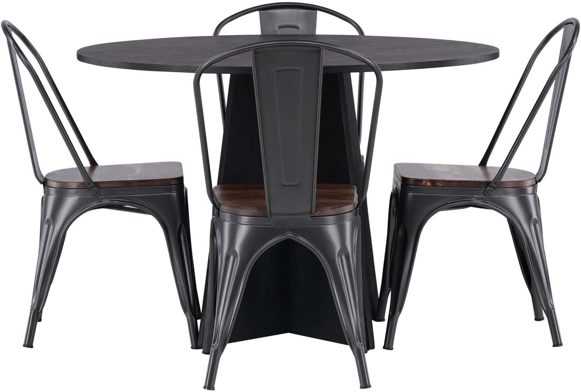 Stilvolles Esszimmerset: Schwarzer Tisch (⌀110cm) & 4 Tempe-Stühle, MDF & Stahl, für gesellige Runden. Eleganz & Komfort.