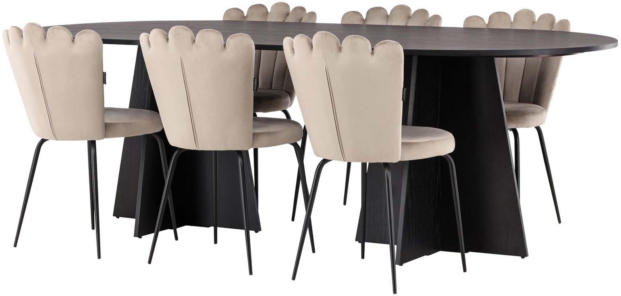 Stilvolles Bootcut Esszimmerset mit ovalem Tisch und 6 beigen Samtstühlen. Ideal für gesellige Abende und große Familienessen.