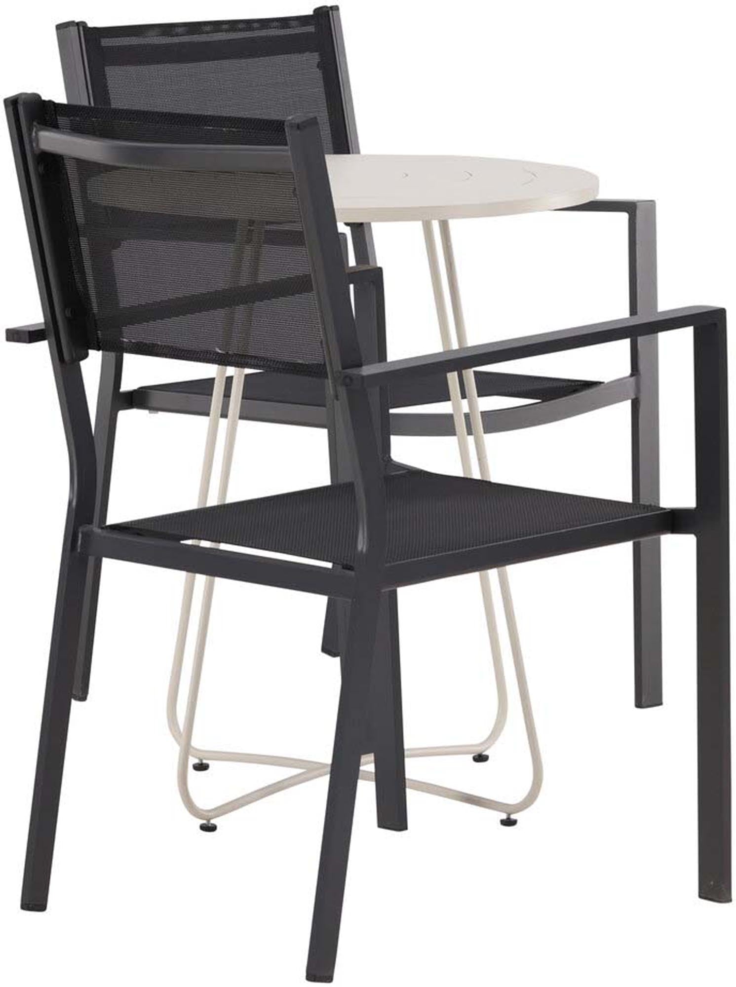 Stylisches Bacong Outdoor-Tischset mit zwei Copacabana Stühlen, perfekt für gemütliche Gartenmomente. Tischdurchmesser 60 cm.