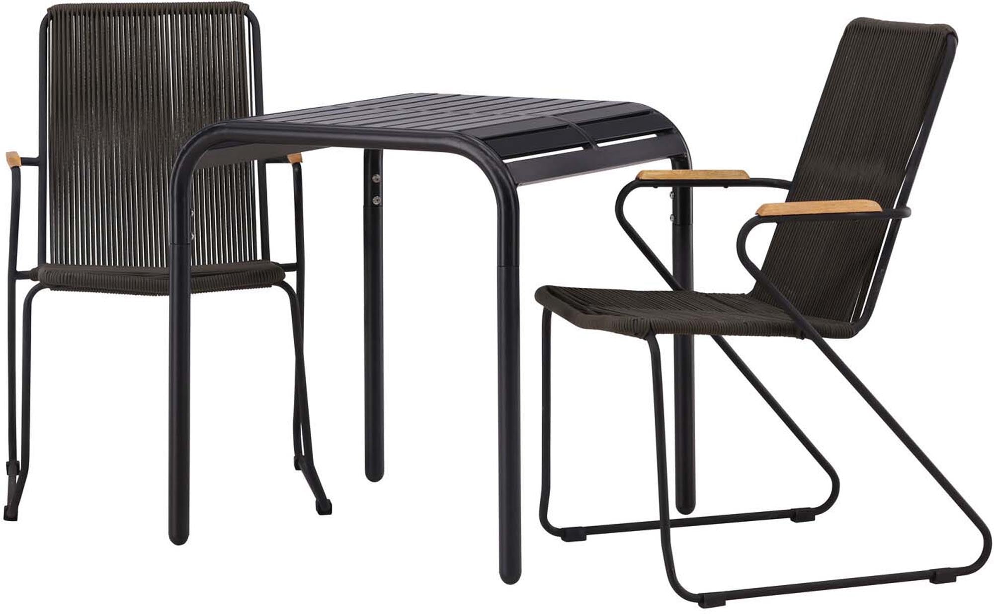 Stilvolles Borneo Outdoor-Tischset: 70cm Stahl-Tisch, 2 Teakholz-Stühle, skandinavisches Design, wetterfest, elegant.