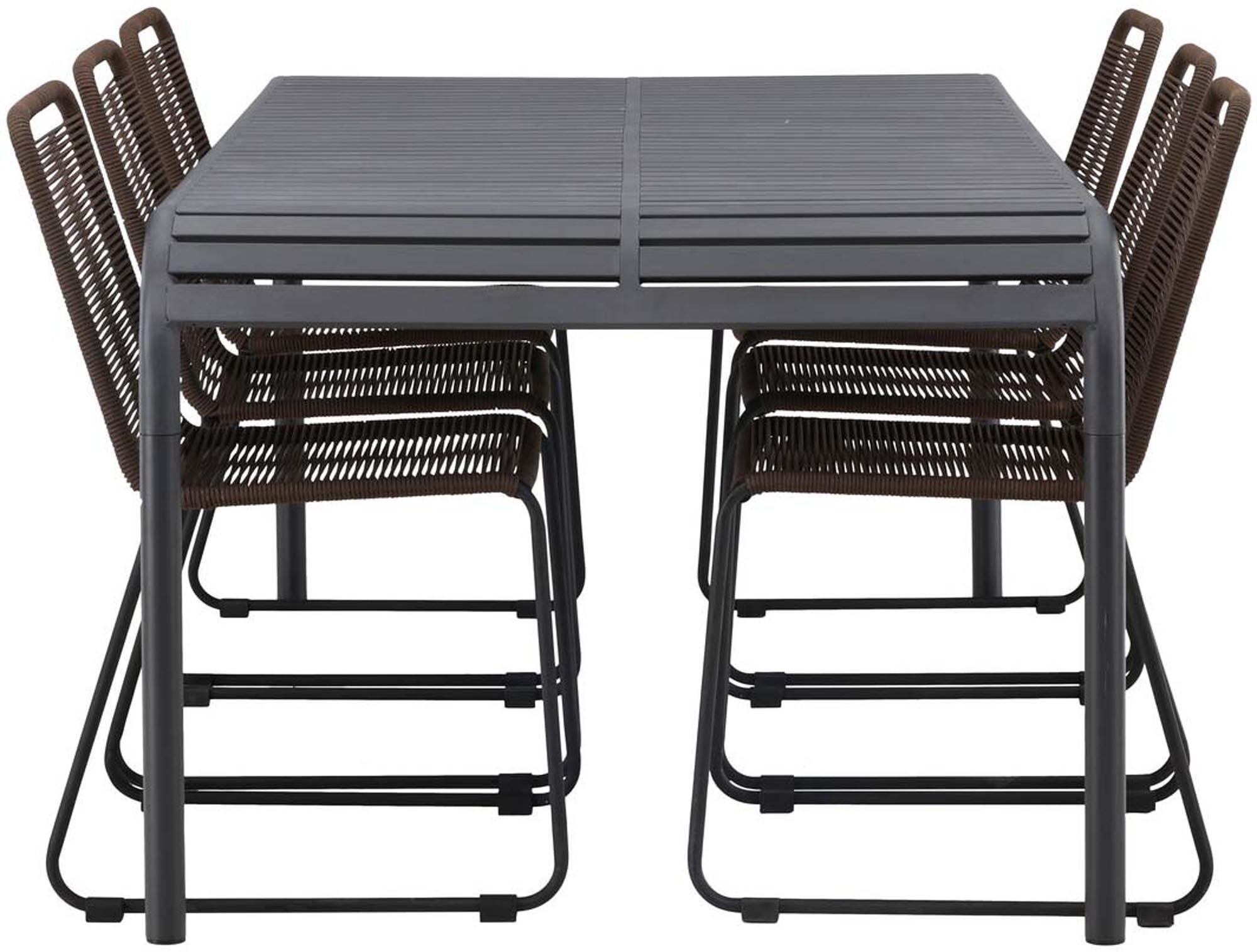 Stilvolles Borneo Outdoor-Tischset von Venture Home: Robuster Aluminiumtisch mit Lindos-Stühlen aus braunem Seil und schwarzem Stahl.