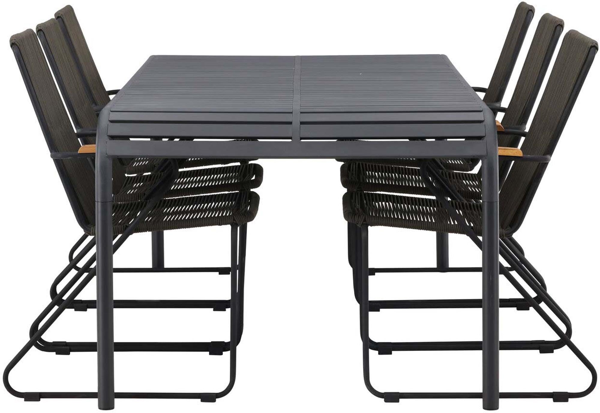 Stilvolles Borneo Outdoor-Tischset: 200cm Alu-Tisch, 6 Teakholz-Stühle, ideal für gesellige Abende im Garten.