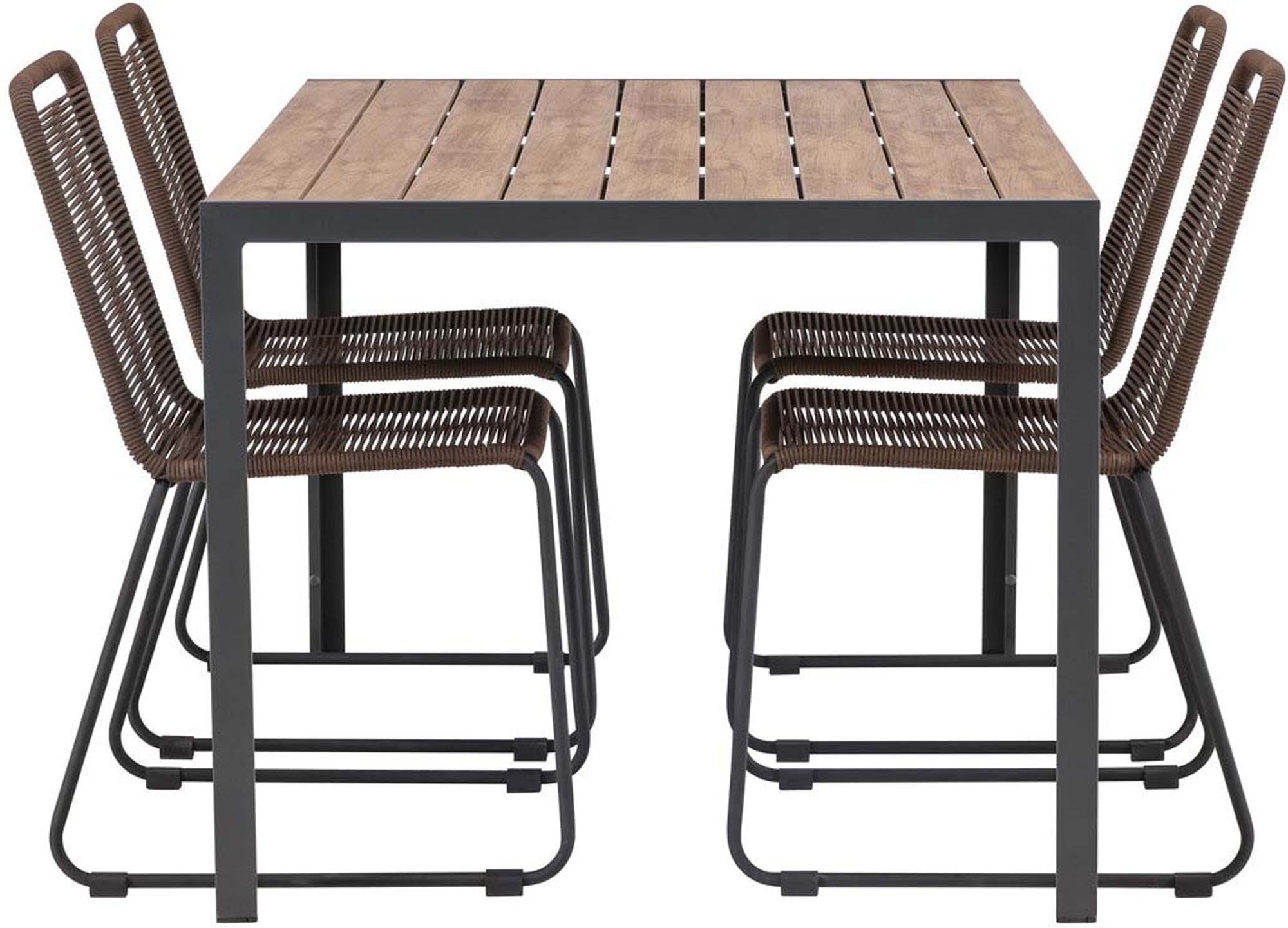 Entdecken Sie das Break Outdoor-Tischset von Venture Home: Eleganter Tisch und bequeme, wetterfeste Stühle für gesellige Stunden im Freien.