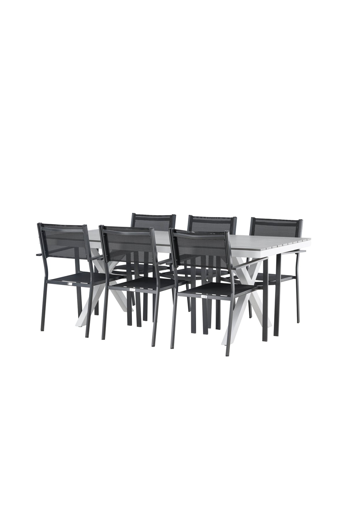 Rechteckiger Gartentisch Garcia mit Aluminiumgestell und Aintwood-Platte, umgeben von sechs stapelbaren Copacabana-Stühlen mit Textilene-Sitzfläche.