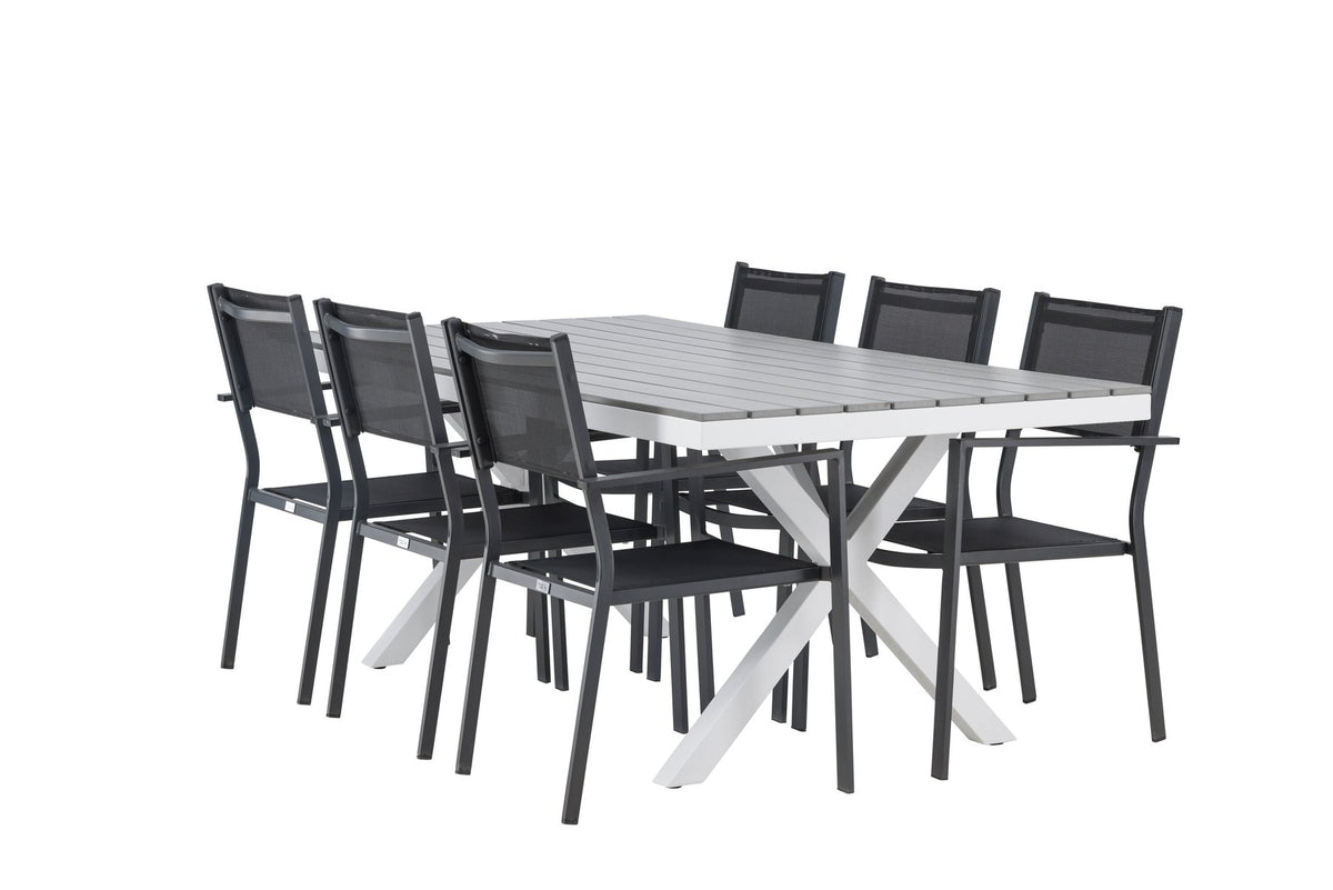 Rechteckiger Gartentisch Garcia mit Aluminiumgestell und Aintwood-Platte, umgeben von sechs stapelbaren Copacabana-Stühlen mit Textilene-Sitzfläche.