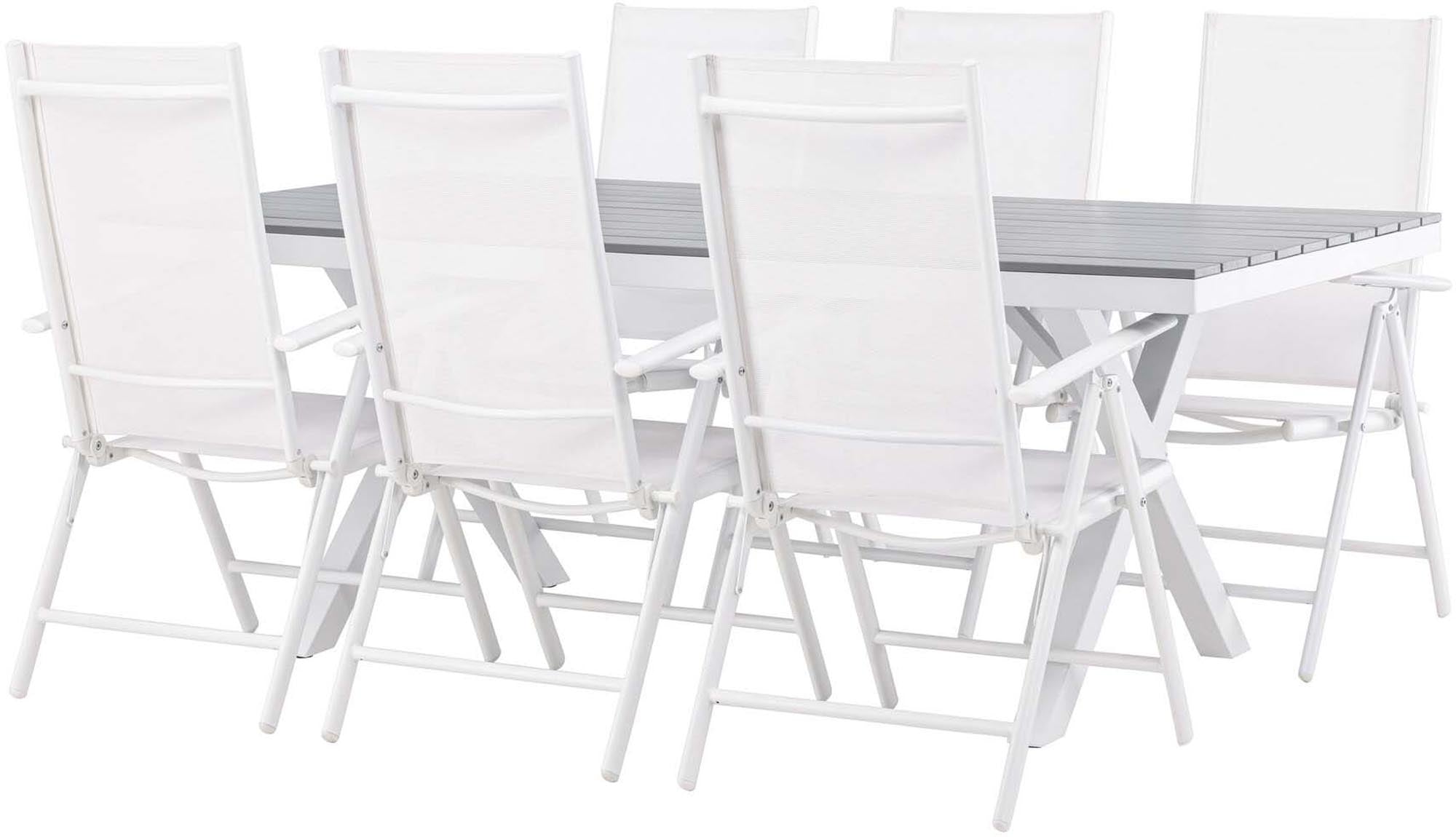 Stilvolles Garcia Outdoor-Tischset von Venture Home: 200cm Esstisch aus Edelholz, 6 klappbare Stühle, ideal für elegante Sommerabende.