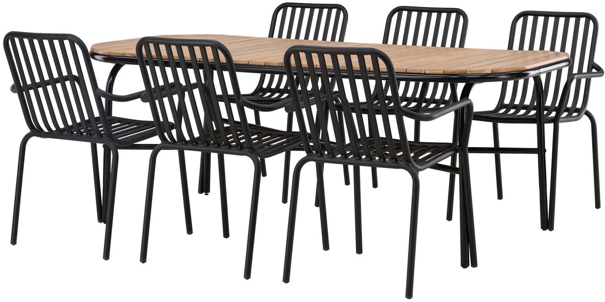 Elegantes Outdoor-Tischset für 6 Personen, ideal für Gartenfeiern. Hochwertige Akazie und Stahl sorgen für Langlebigkeit und Stil.