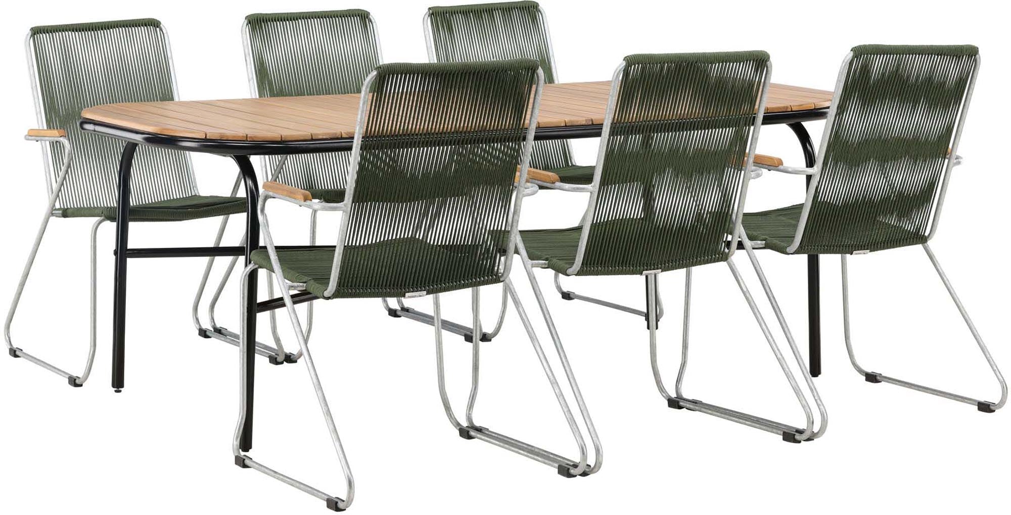 Stilvolles Tischset aus Akazie und Stahl für den Außenbereich. Perfekt für gesellige Anlässe im Garten oder auf der Terrasse.