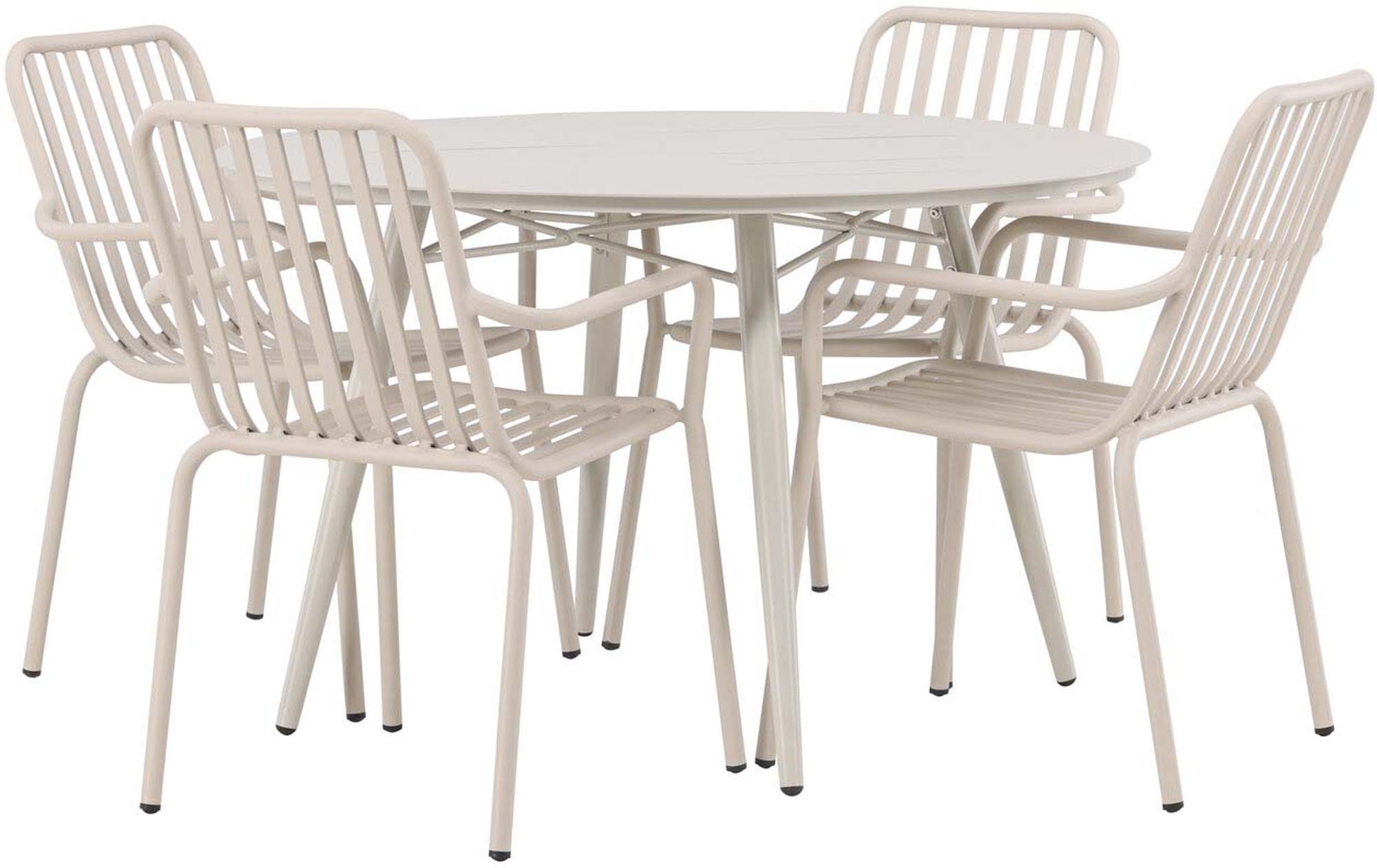 Stilvolles Lina Tischset mit 4 Peking Stühlen, Ø120cm. Perfekt für gesellige Momente im Freien – modern, langlebig und elegant.